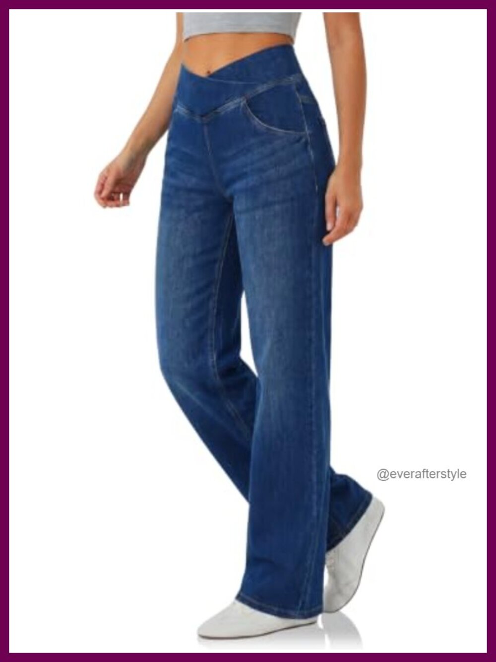 Women's Pull On Wide Leg Jeans Stretchy Crossover High Waist Denim Pants